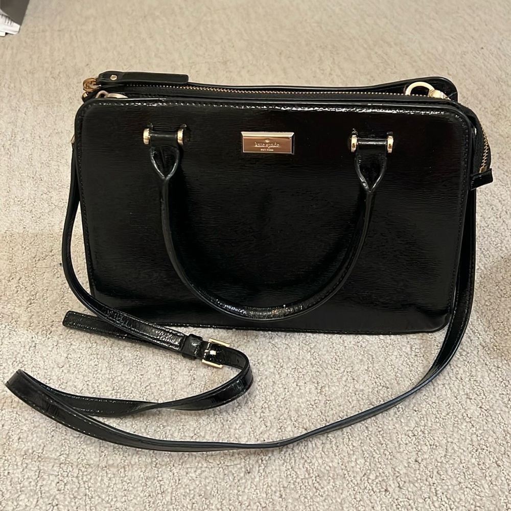 Kate Spade black patent triple compartment satchel purse